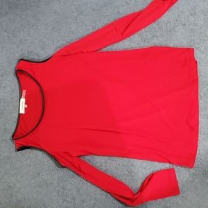 Calvin Klein red shirt with black faux leather trim.